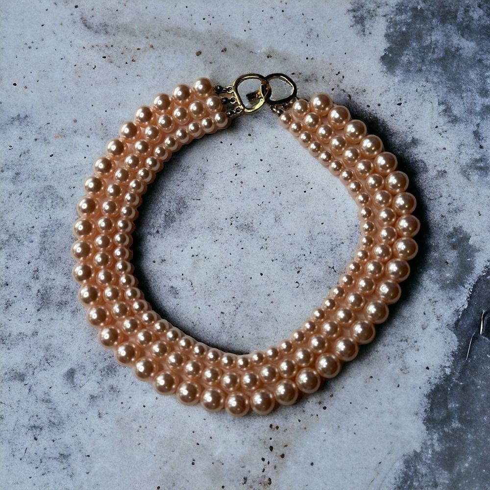 Multi-Strand Faux Pink Pearl Graduated Necklace 16" Layered Fashion